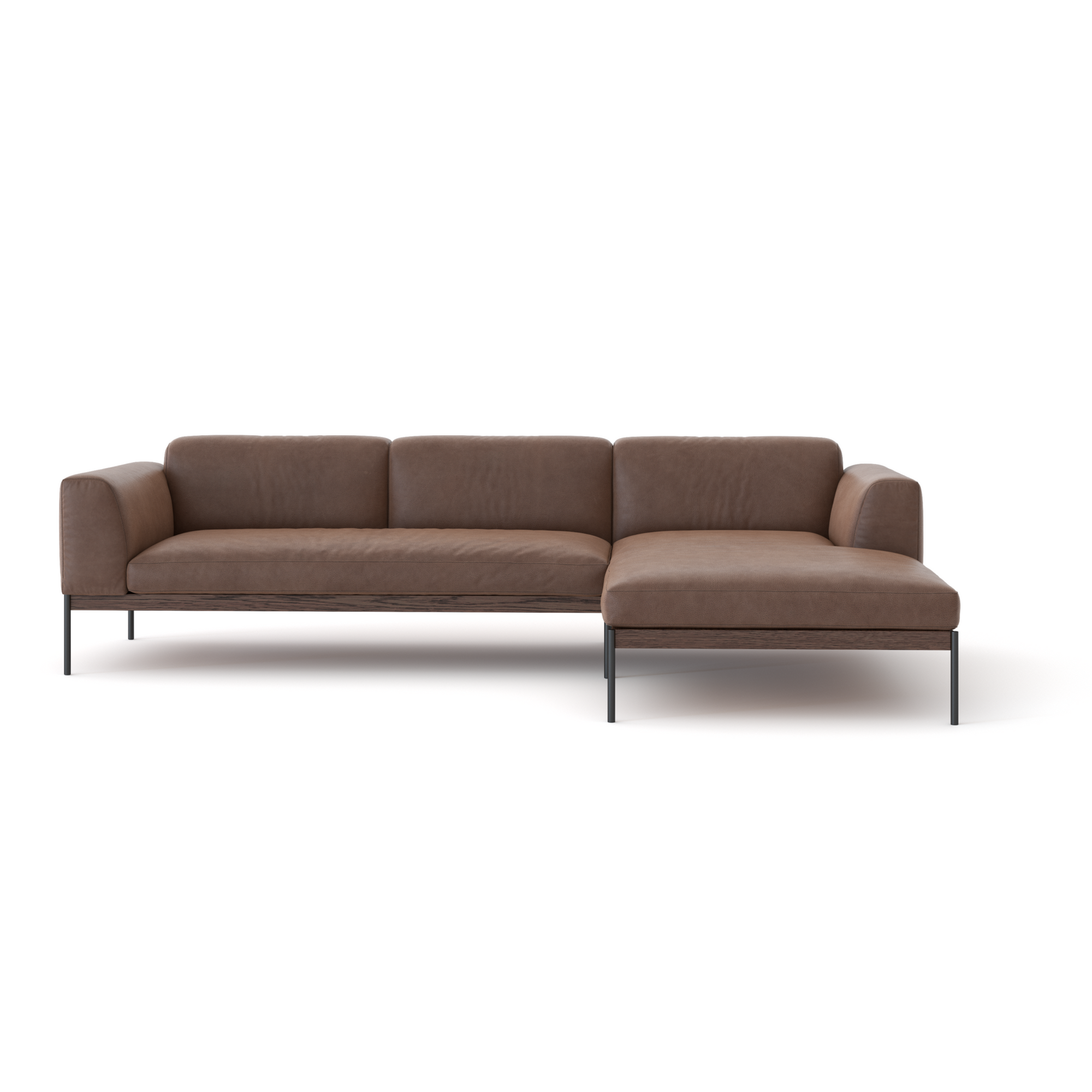 The Department Modular Sofa | Leather • M2 by Wooden Stories is a modern brown sectional with right-side chaise, metal legs, and minimalist Danish-inspired design, shown on a plain white background.