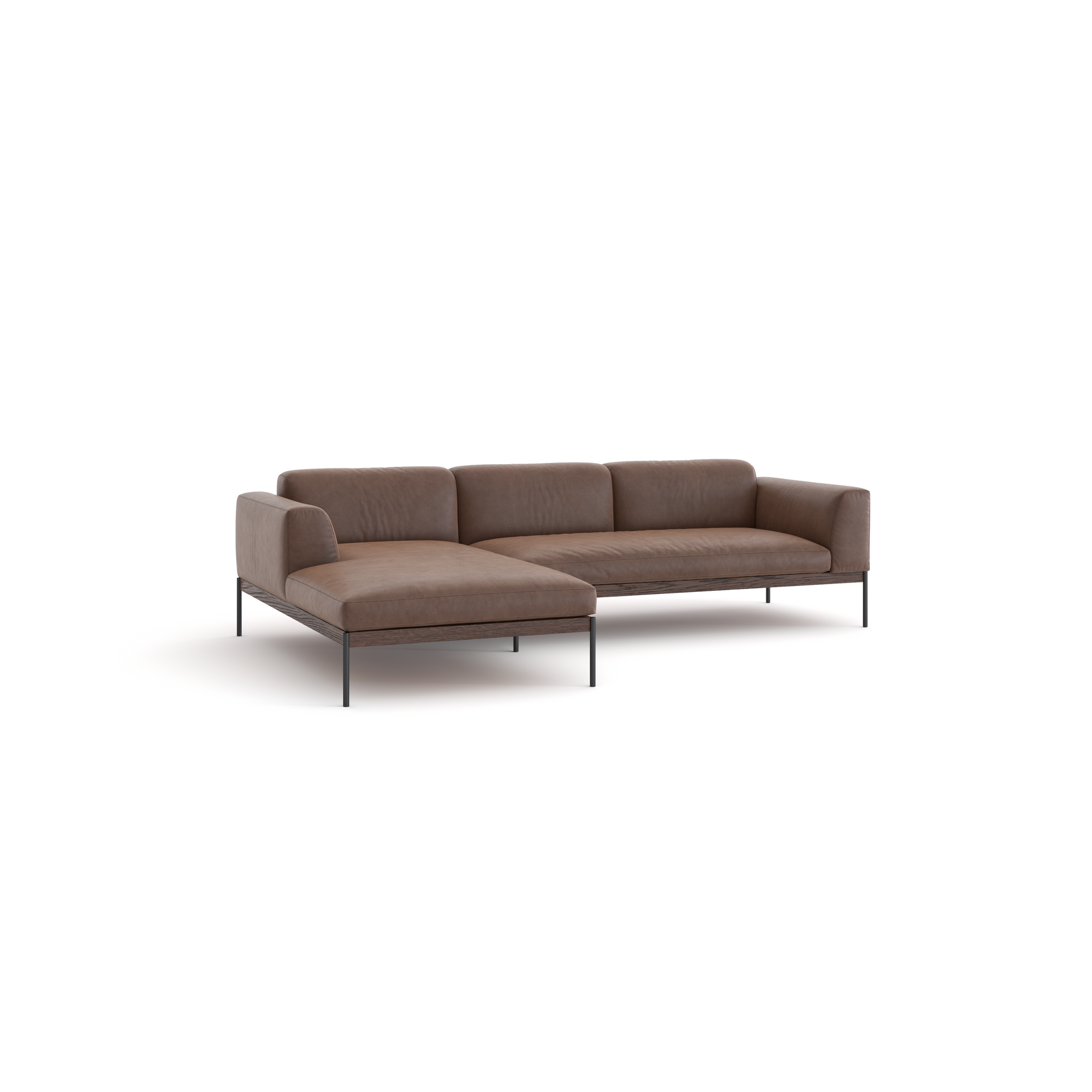 The Wooden Stories Department Modular Sofa | Leather • M2 is a modern brown L-shaped sectional with metal legs and a left-side chaise, inspired by Danish collections, shown against a plain white background.
