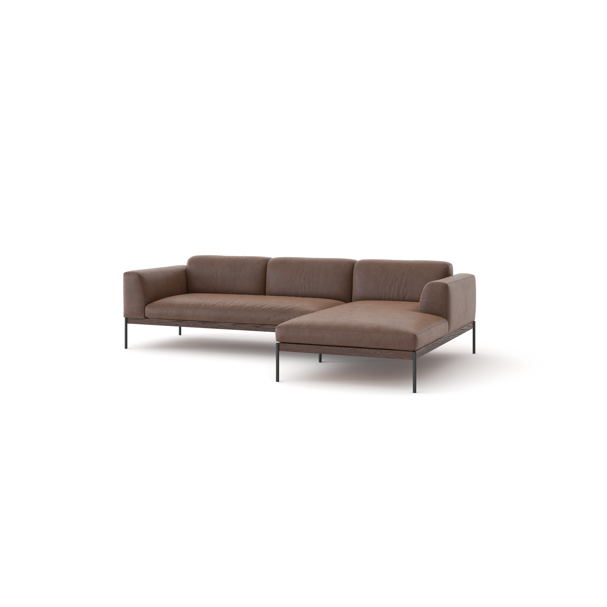 The Department Modular Sofa | Leather • M2 by Wooden Stories is a brown L-shaped sectional with three seat cushions, a right chaise lounge, low backrests, and slim black metal legs, inspired by Danish collections and set against a plain white background.