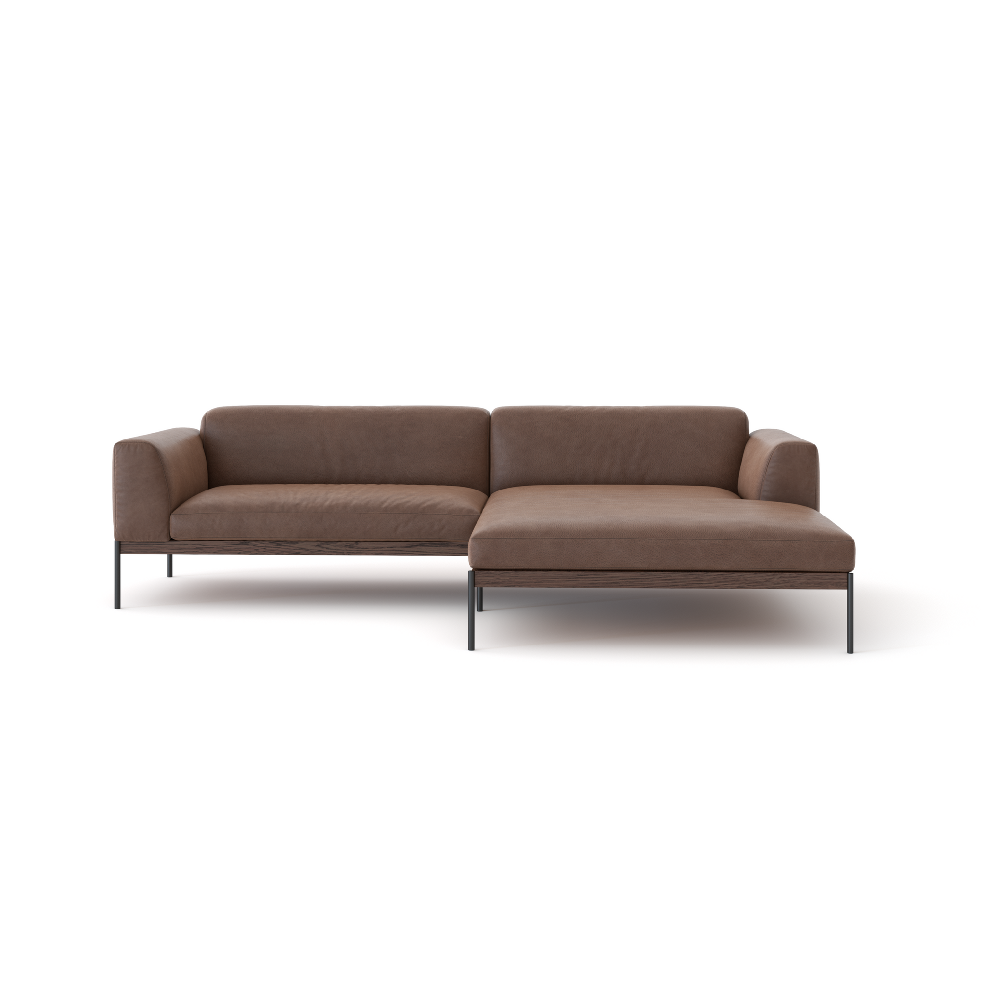The Department Modular Sofa | Leather • M3 by Wooden Stories is a brown L-shaped sectional with a solid wood base, metal legs, low back, and armrests, shown against a white background.