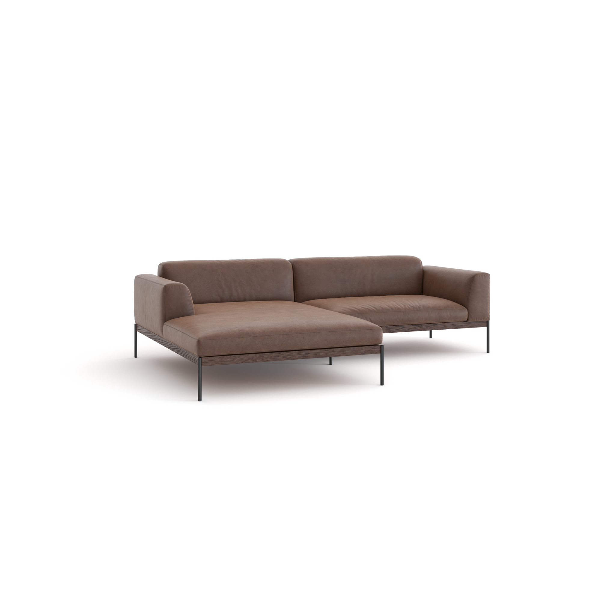 The Department Modular Sofa | Leather • M3 by Wooden Stories is a modern brown L-shaped sectional with low backrests and slim black metal legs, shown against a white background.