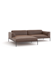 The Department Modular Sofa | Leather • M3 by Wooden Stories is a modern brown L-shaped sectional with low backrests and slim black metal legs, shown against a white background.