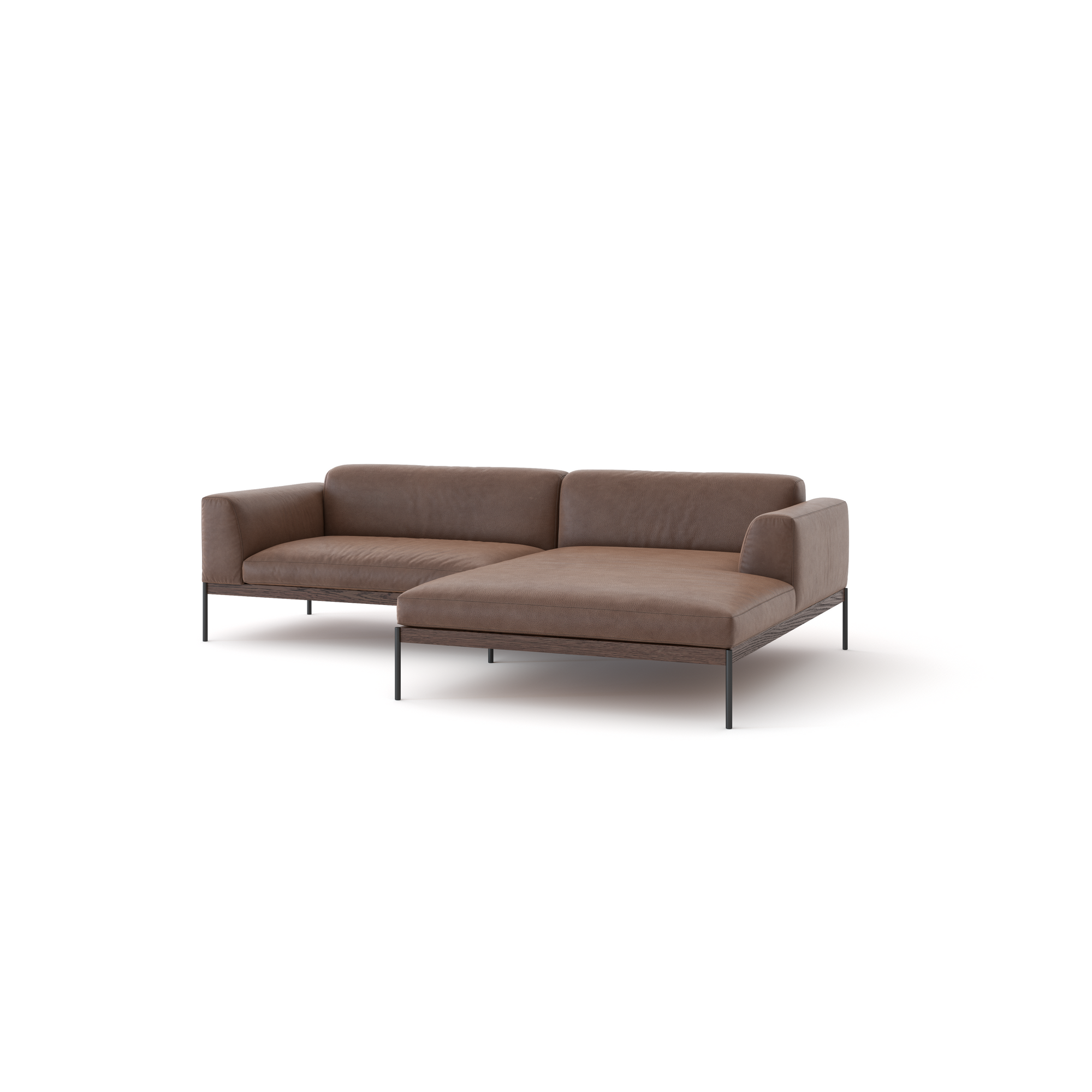The Wooden Stories Department Modular Sofa | Leather • M3 features modern brown leather, a right chaise lounge, low backrests, thin black metal legs, and a solid wood base inspired by classic Danish collections.