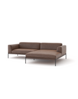 The Wooden Stories Department Modular Sofa | Leather • M3 features modern brown leather, a right chaise lounge, low backrests, thin black metal legs, and a solid wood base inspired by classic Danish collections.