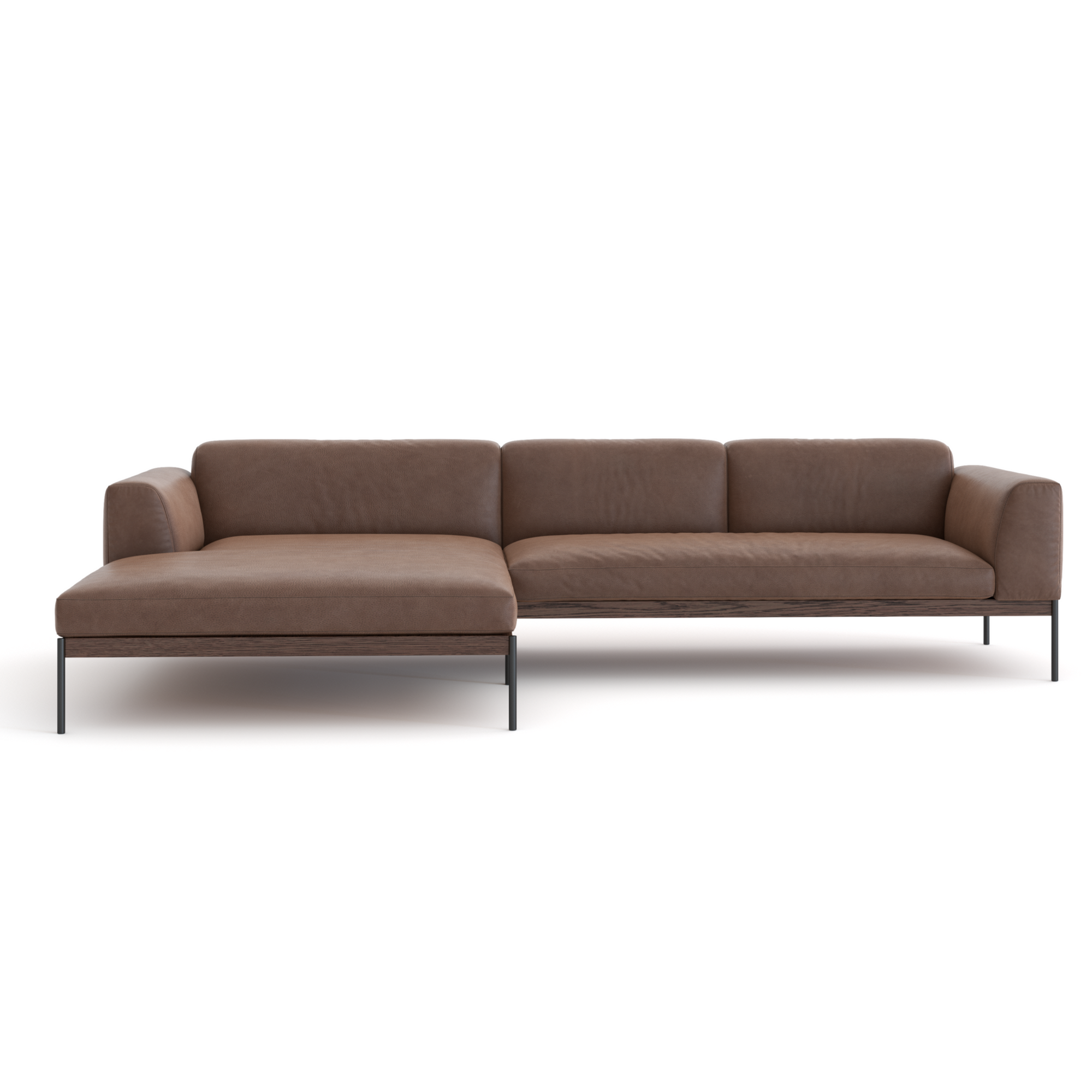 The Wooden Stories Department Modular Sofa | Leather • M4 is a modern brown sectional with a left-side chaise, minimalist design, and slender black metal legs, inspired by Danish collections and shown against a white background.