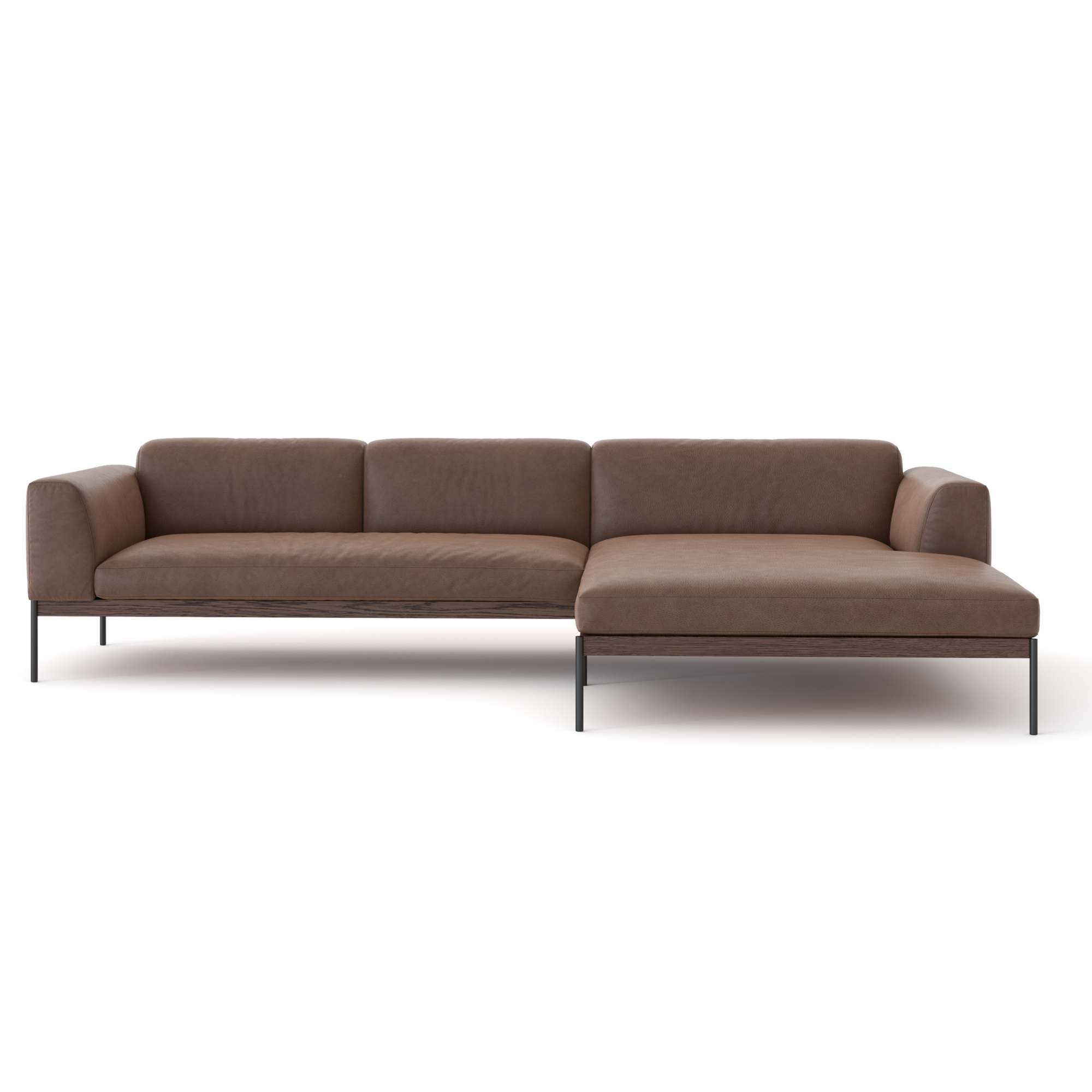 The Wooden Stories Department Modular Sofa | Leather • M4 features a modern brown design with thin metal legs and a right-side chaise lounge, inspired by Danish collections and set against a plain white background.