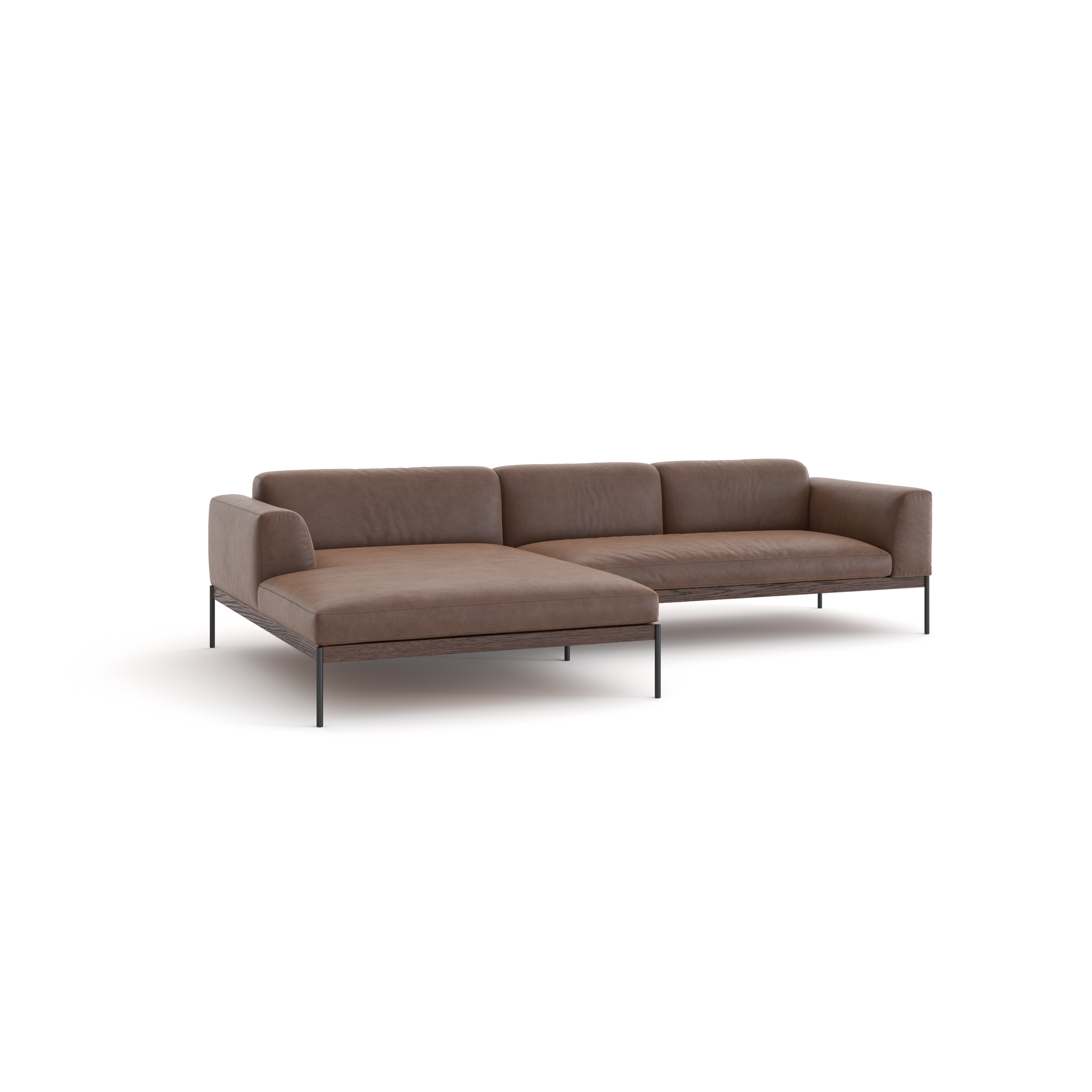 The Wooden Stories Department Modular Sofa | Leather • M4 features a brown modern design with clean lines, a left-side chaise, low backrest, slim black metal legs, and a solid wood base inspired by Danish collections, set against a white background.