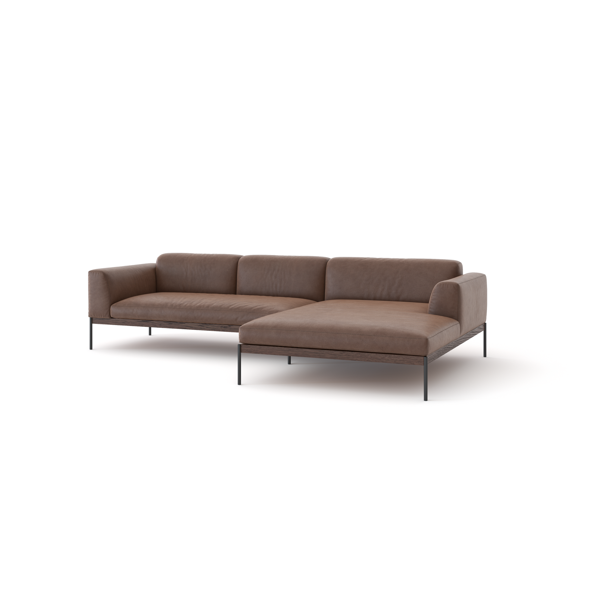 The Department Modular Sofa | Leather • M4 by Wooden Stories is a modern sectional with brown leather, slim black metal legs, and a right-side chaise lounge, inspired by Danish design and shown on a white background.