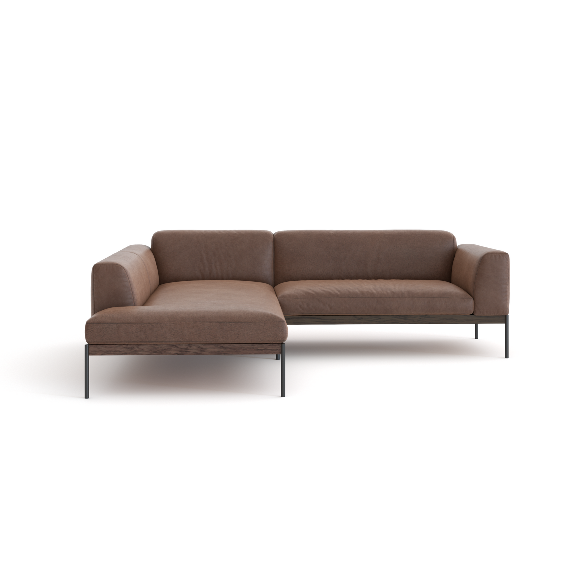 The Wooden Stories Department Modular Sofa | Leather • M5 is a modern brown L-shaped sectional with metal legs and a solid wood base, shown against a plain white background.