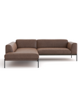 The Wooden Stories Department Modular Sofa | Leather • M5 is a modern brown L-shaped sectional with metal legs and a solid wood base, shown against a plain white background.