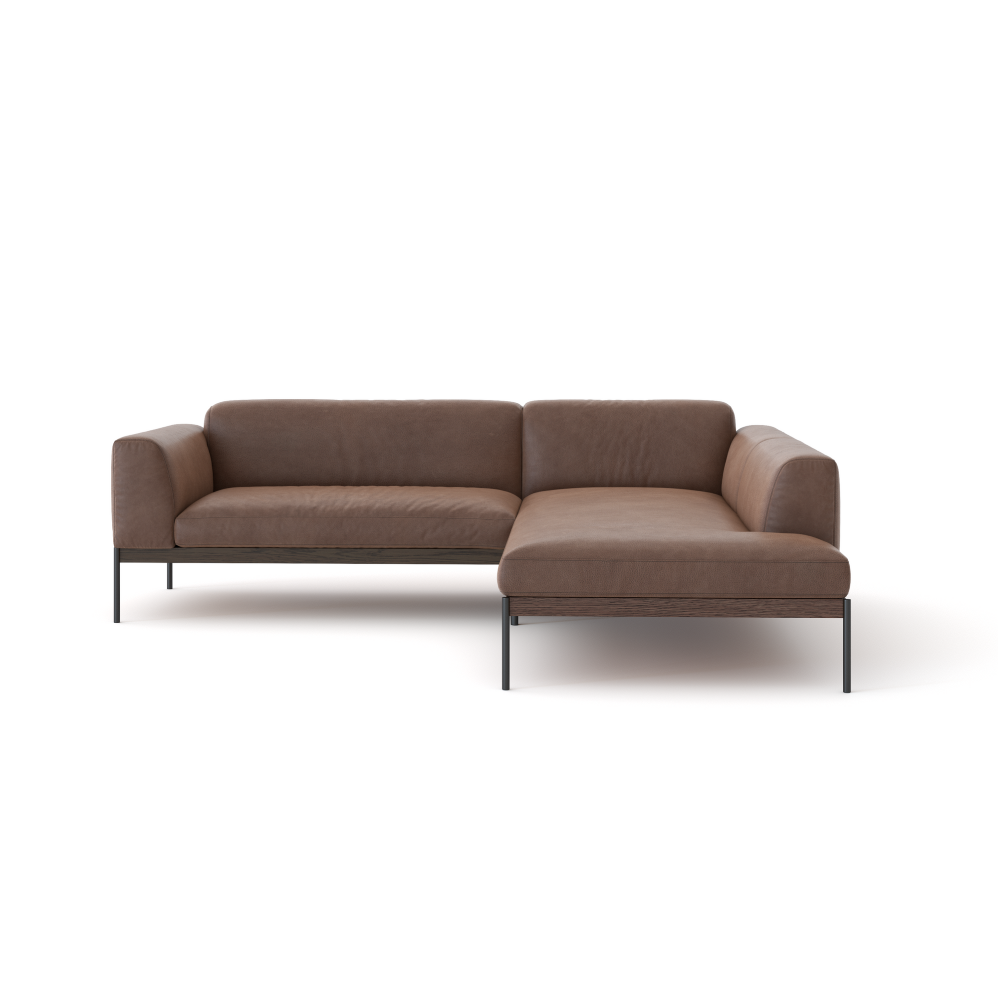 The Department Modular Sofa | Leather • M5 by Wooden Stories features brown leather upholstery, black metal legs, a right-side chaise lounge, and Danish-inspired design, shown here against a plain white background.