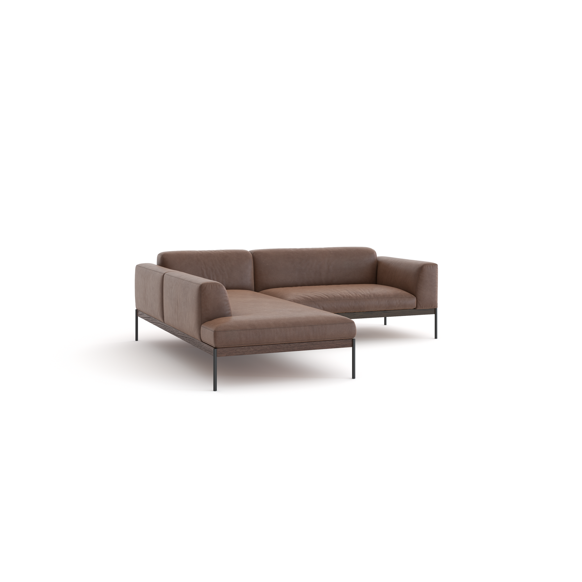The Department Modular Sofa | Leather • M5 by Wooden Stories is a modern L-shaped brown sectional with wide armrests, low backrests, thin black metal legs, and a solid wood base, shown against a white background.