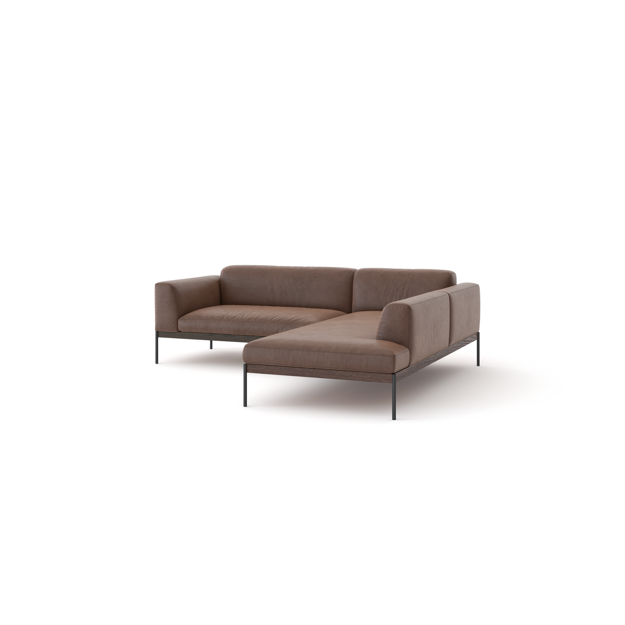 The Department Modular Sofa | Leather • M5 by Wooden Stories is a modern brown L-shaped sectional with metal legs, a solid wood base, and minimalist Danish-inspired design, shown on a white background.