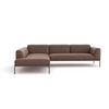 The Wooden Stories Department Modular Sofa | Leather • M6 features an L-shaped brown design with low backrests, wide cushions, slim black metal legs, and an FSC-certified oak solid wood base inspired by Danish collections.