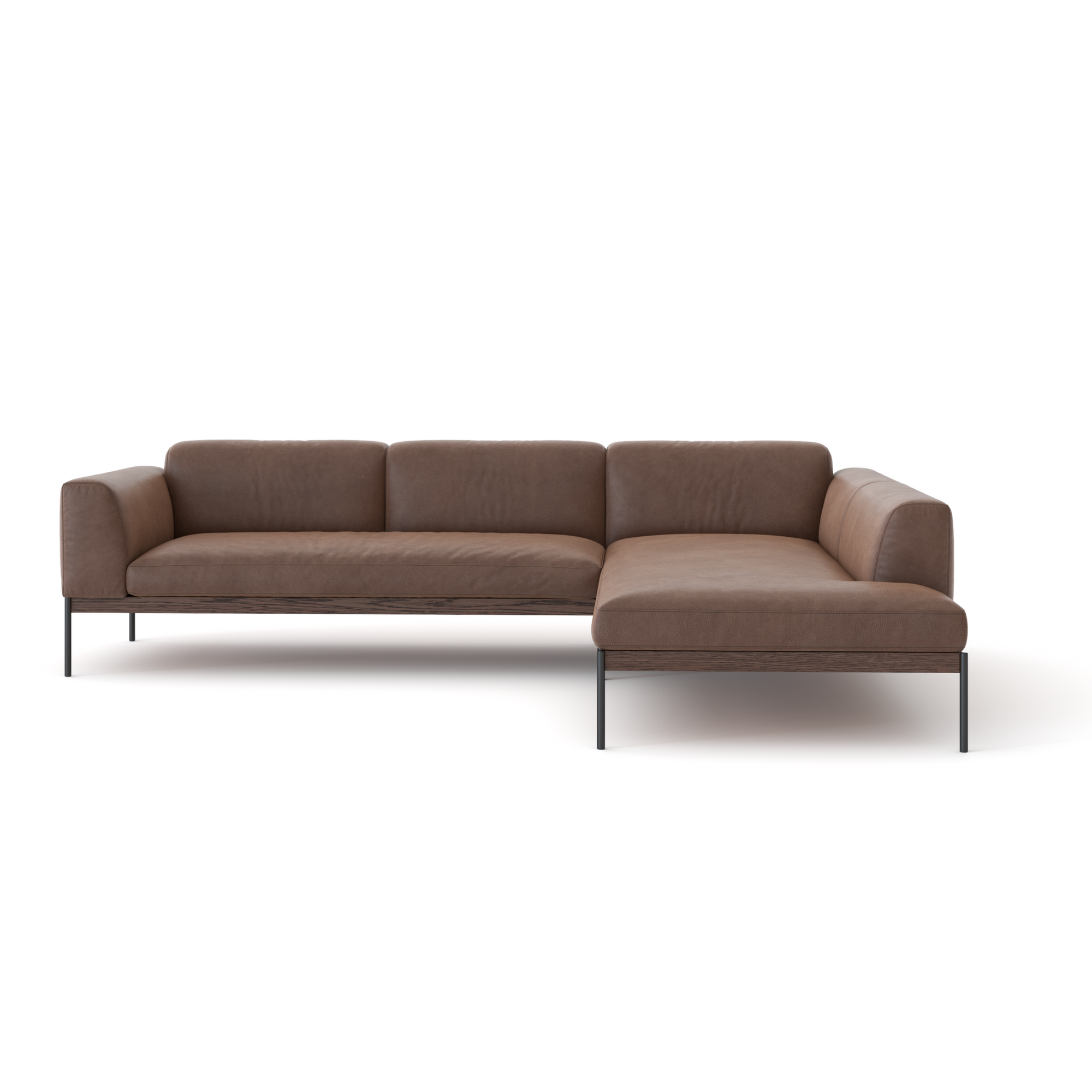 The Department Modular Sofa | Leather • M6 by Wooden Stories is a modern brown L-shaped sectional with slim black metal legs, soft cushions, and a Danish-inspired minimal design, displayed against a plain white background.
