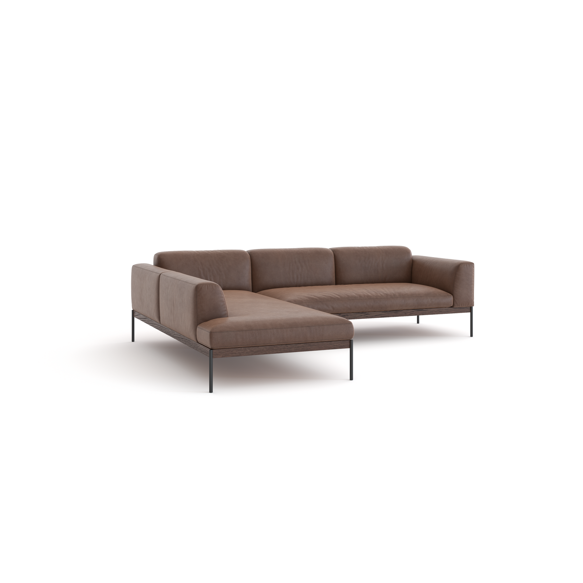 The Wooden Stories Department Modular Sofa | Leather • M6 is a modern brown L-shaped sectional with thin black metal legs and a solid wood base, inspired by Danish collections, shown against a plain white background.