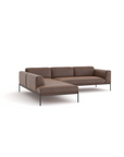 The Wooden Stories Department Modular Sofa | Leather • M6 is a modern brown L-shaped sectional with thin black metal legs and a solid wood base, inspired by Danish collections, shown against a plain white background.