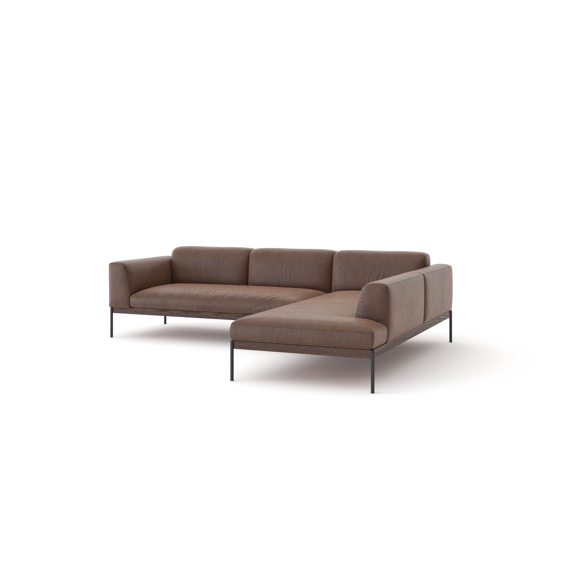 The Department Modular Sofa | Leather • M6 by Wooden Stories is a modern brown sectional with a right-side chaise, clean lines, soft cushions, and slim black metal legs, inspired by Danish collections and shown on a plain white background.