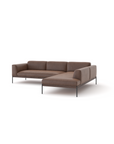 The Department Modular Sofa | Leather • M6 by Wooden Stories is a modern brown sectional with a right-side chaise, clean lines, soft cushions, and slim black metal legs, inspired by Danish collections and shown on a plain white background.