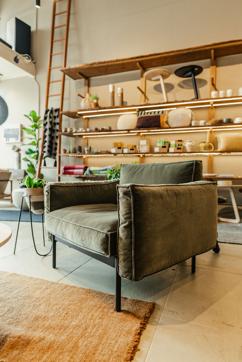 A modern living space featuring the Attendant Lounge Chair by Wooden Stories with black legs, a tan rug, and wooden shelves holding decor, plants, and tableware. A tall ladder leans against the wall in the background.