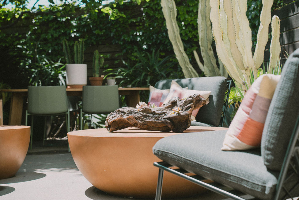 Modern outdoor seating area with gray cushioned chairs featuring striped pillows, a round terracotta-colored coffee table topped with a decorative piece of driftwood, and lush greenery including cacti and potted plants in the background. 