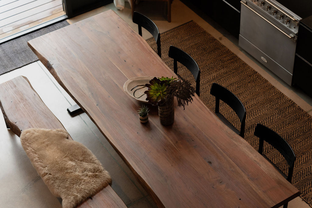 Leviathan Live Edge Dining Table Smoked Acacia Black T-Legs – SOBU