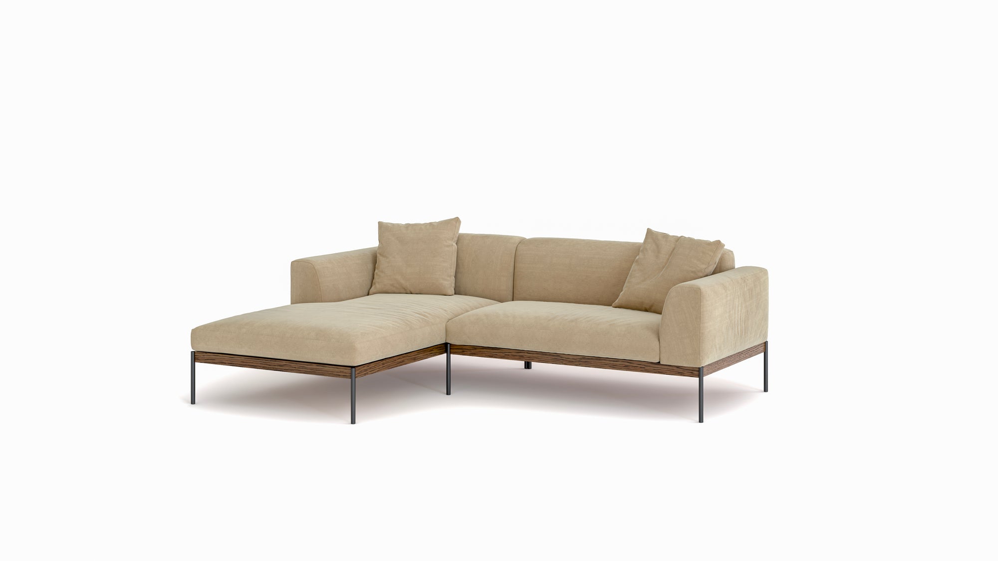 The Department Modular Sofa | Fabric • M1 Left by Wooden Stories is a modern beige sectional with two seat and back cushions, an ottoman extension on the left, and slim black metal legs, inspired by classic Danish collections.