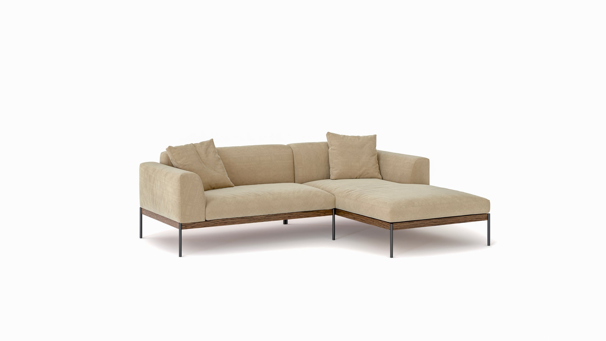 The Wooden Stories Department Modular Sofa | Fabric • M1 Right is a modern beige sectional with two seat and back cushions, a right chaise, upholstered platform, and slim black metal legs, shown on a plain white background.