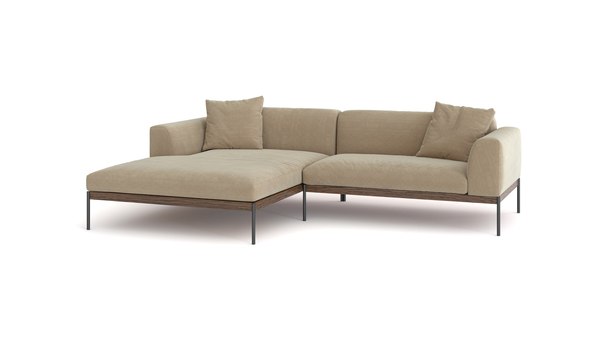 The Wooden Stories Department Modular Sofa | Fabric • M3 Left is a modern beige sectional with two cushions, a low solid wood base, and slender black metal legs, inspired by Danish collections and shown on a white background.
