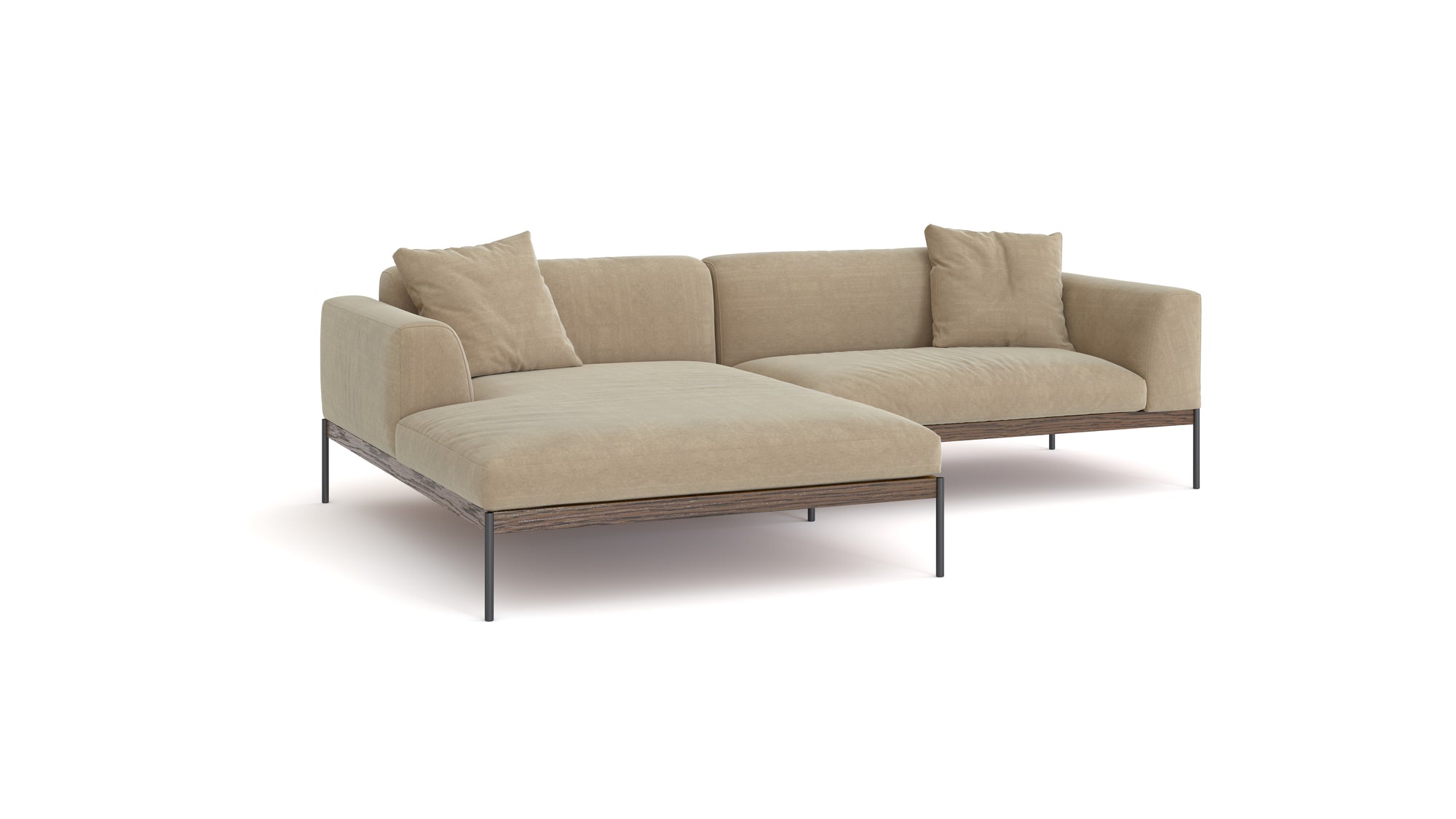 The Department Modular Sofa | Fabric • M3 Left by Wooden Stories is a modern L-shaped beige sectional with a solid wood base, slim black metal legs, two seat and back cushions, and two armrests, shown against a white background.