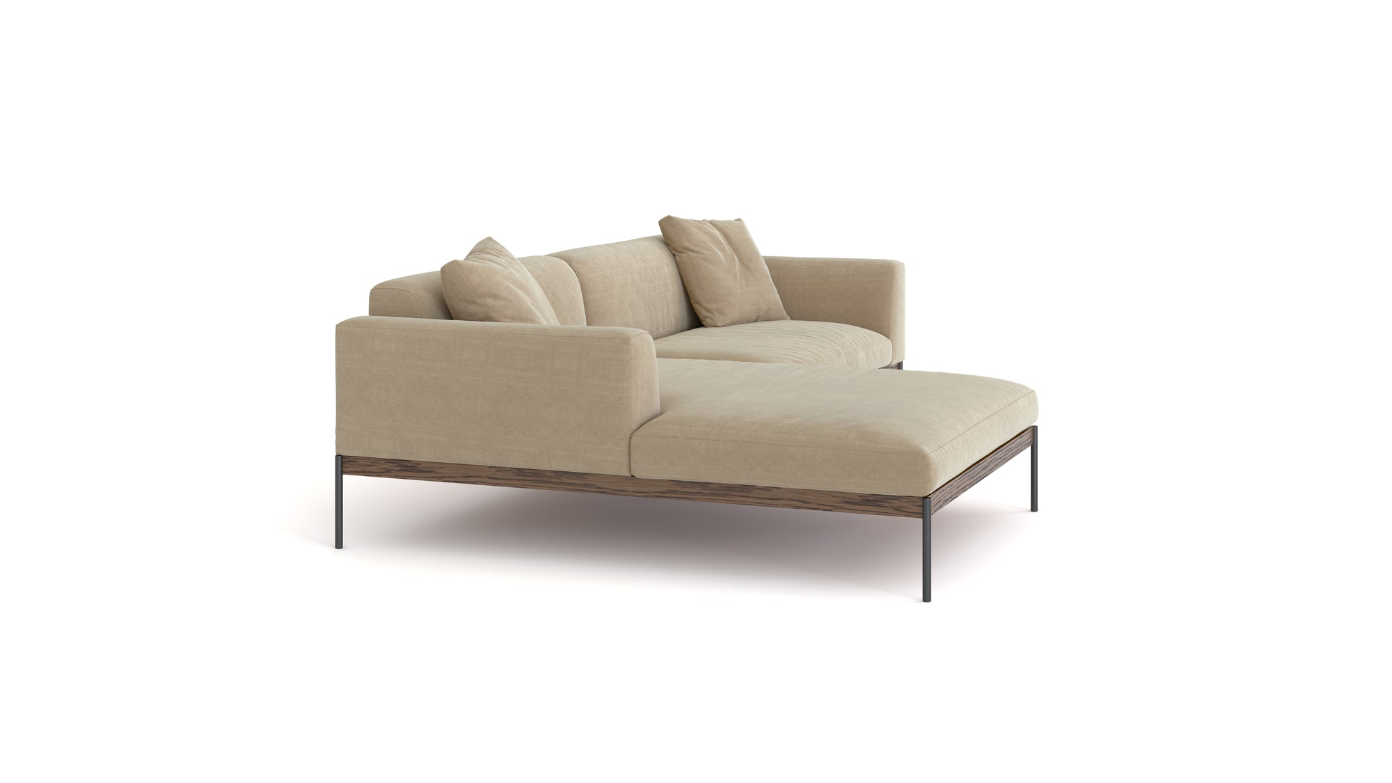 The Wooden Stories Department Modular Sofa | Fabric • M3 Left features modern beige fabric, a left chaise, slim metal legs, two matching cushions, and a solid wood base inspired by Danish design, shown against a white background.