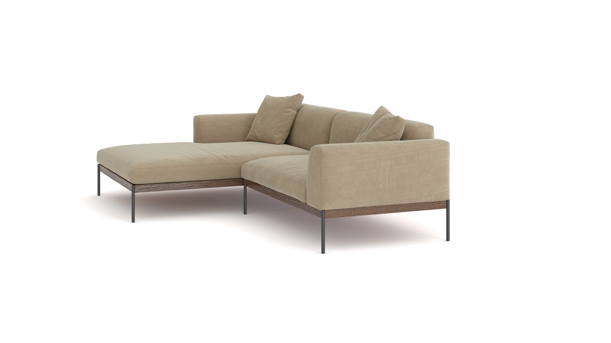 The Wooden Stories Department Modular Sofa | Fabric • M3 Left is a modern light beige L-shaped sectional with thin black metal legs, two matching throw pillows, and two seat cushions, styled after Danish collections and shown against a white background.