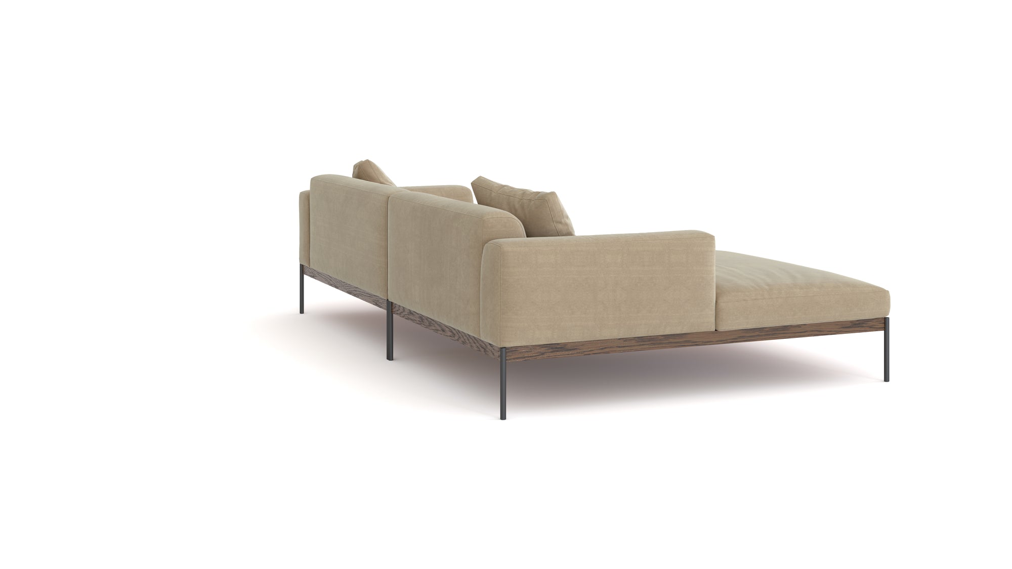 The Wooden Stories Department Modular Sofa | Fabric • M3 Left is a modern beige sectional with slim metal legs, an FSC-certified oak base, two back cushions, and a left-side chaise lounge, shown against a white background.