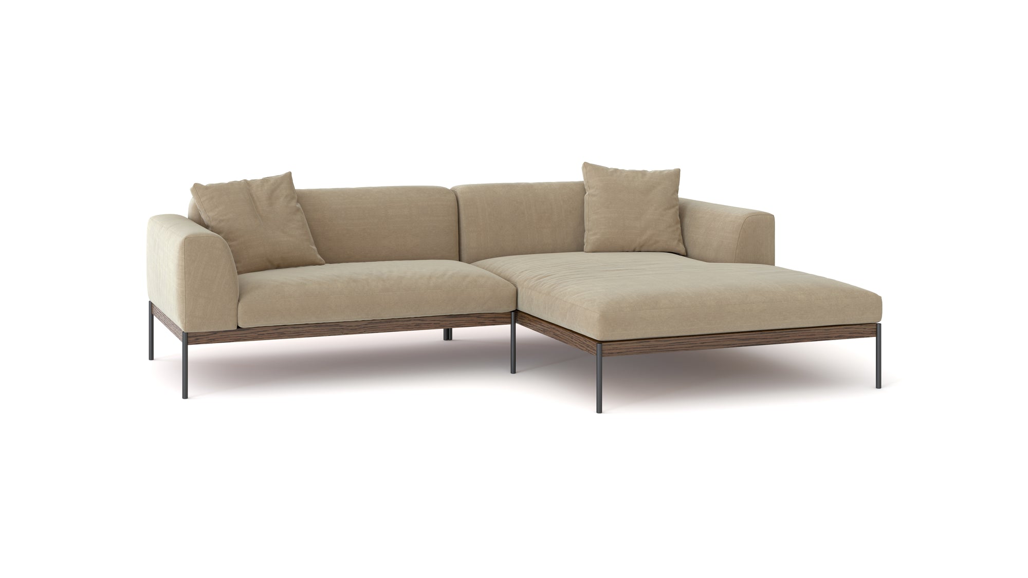 The Wooden Stories Department Modular Sofa | Fabric • M3 Right is a beige L-shaped sectional with two matching cushions, an FSC-certified oak base, and slim black metal legs, shown on a plain white background.