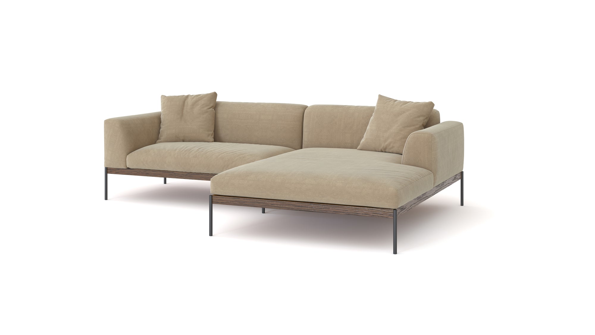 The Department Modular Sofa | Fabric • M3 Right by Wooden Stories is a modern, L-shaped beige sectional with thin metal legs and two matching cushions, inspired by Danish collections, shown against a white background.