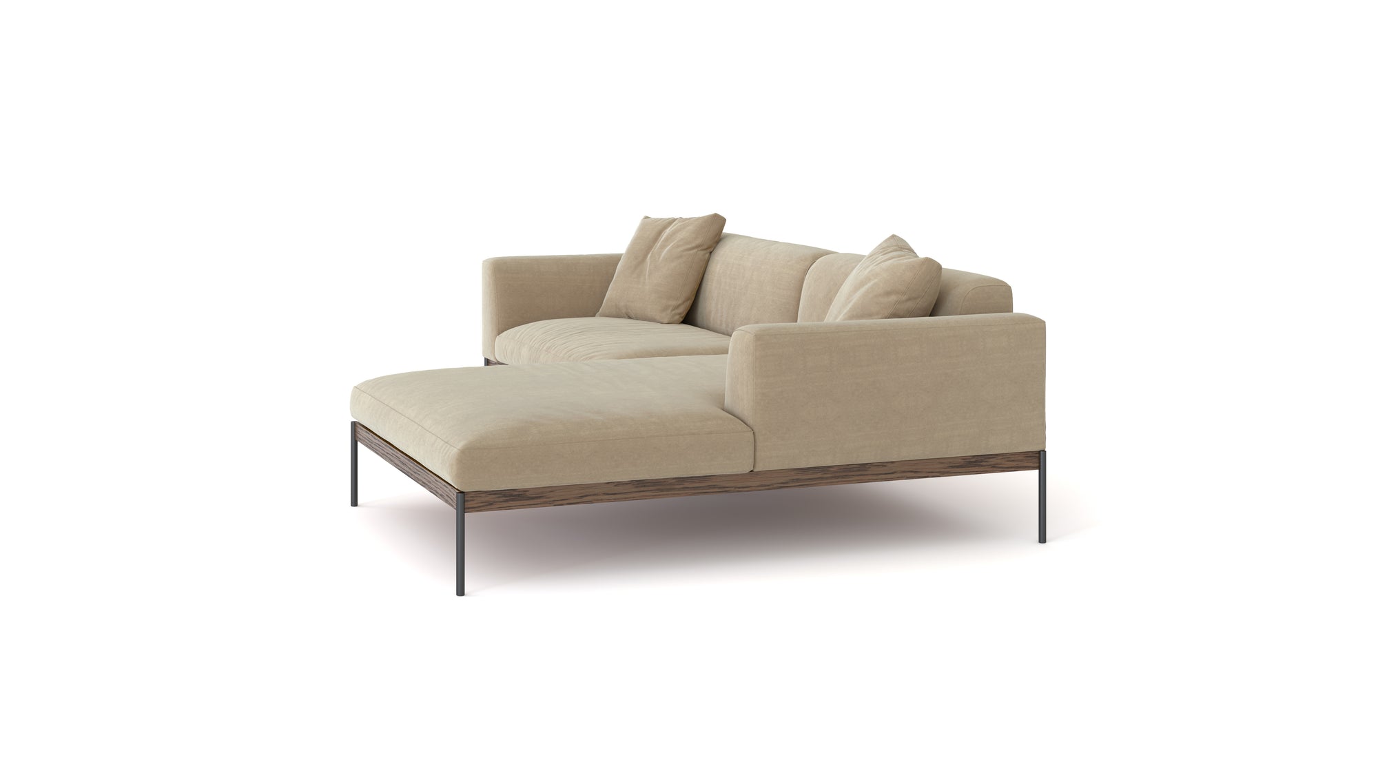 The Department Modular Sofa | Fabric • M3 Right by Wooden Stories is a modern beige chaise lounge with two matching cushions, a low FSC-certified oak base, and slender black metal legs, shown against a white background.