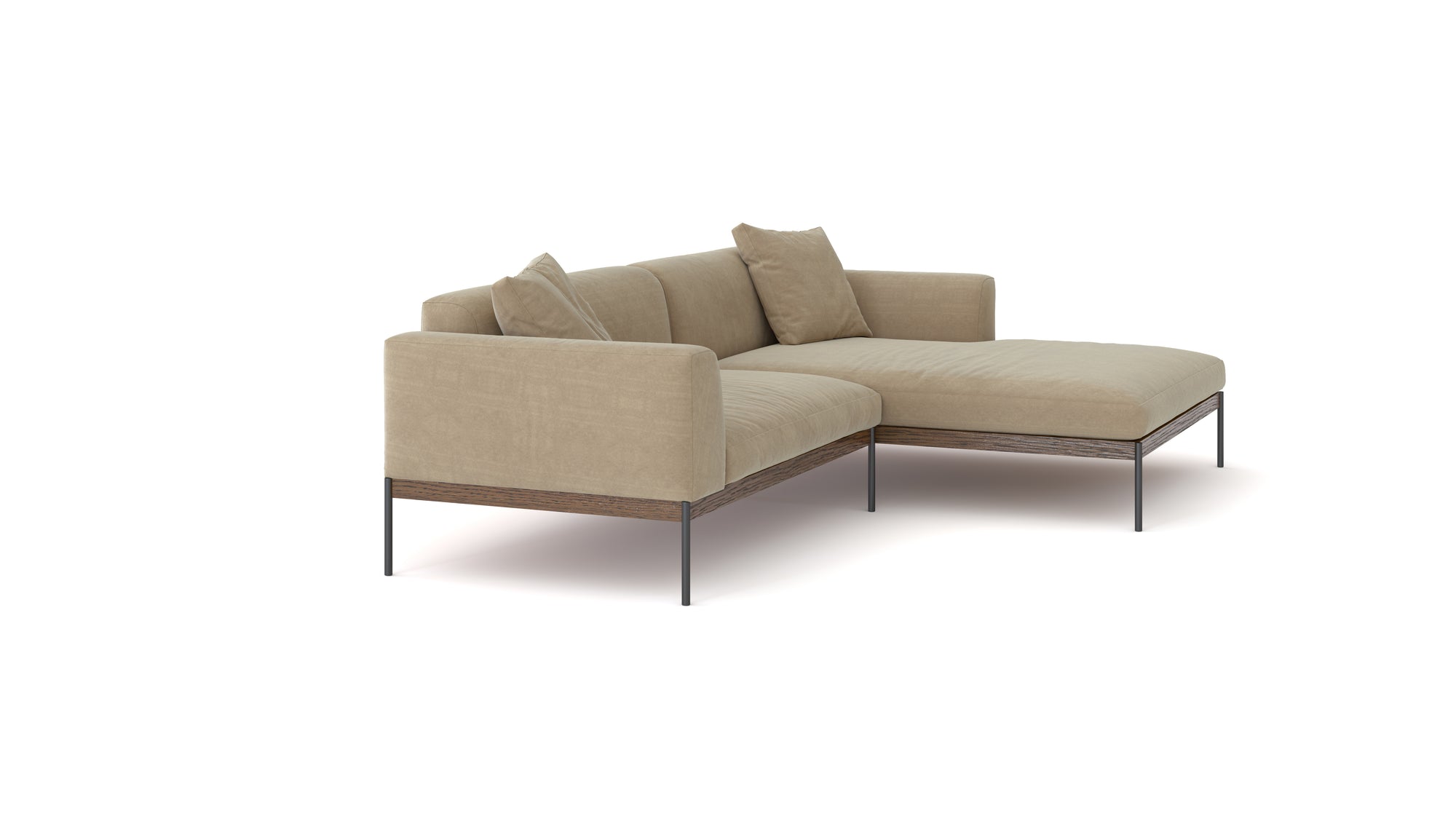 The Wooden Stories Department Modular Sofa | Fabric • M3 Right features a modern beige design with a chaise lounge, metal legs, solid wood base, wooden trim, and two matching throw pillows, displayed against a white background.