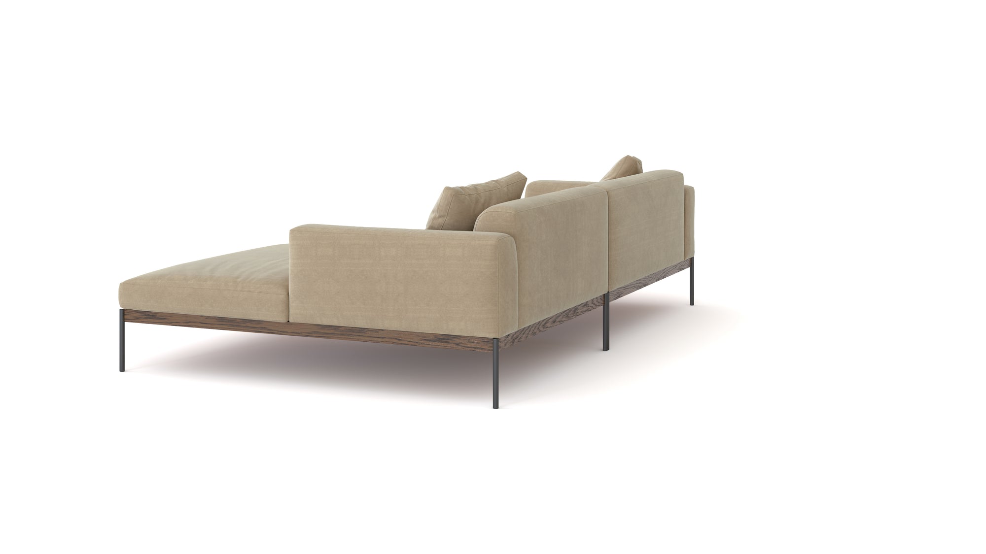 The Wooden Stories Department Modular Sofa | Fabric • M3 Right features a modern beige design with slim black metal legs, an FSC-certified oak wood base, plush cushions, and a right-side chaise lounge, shown against a white background.