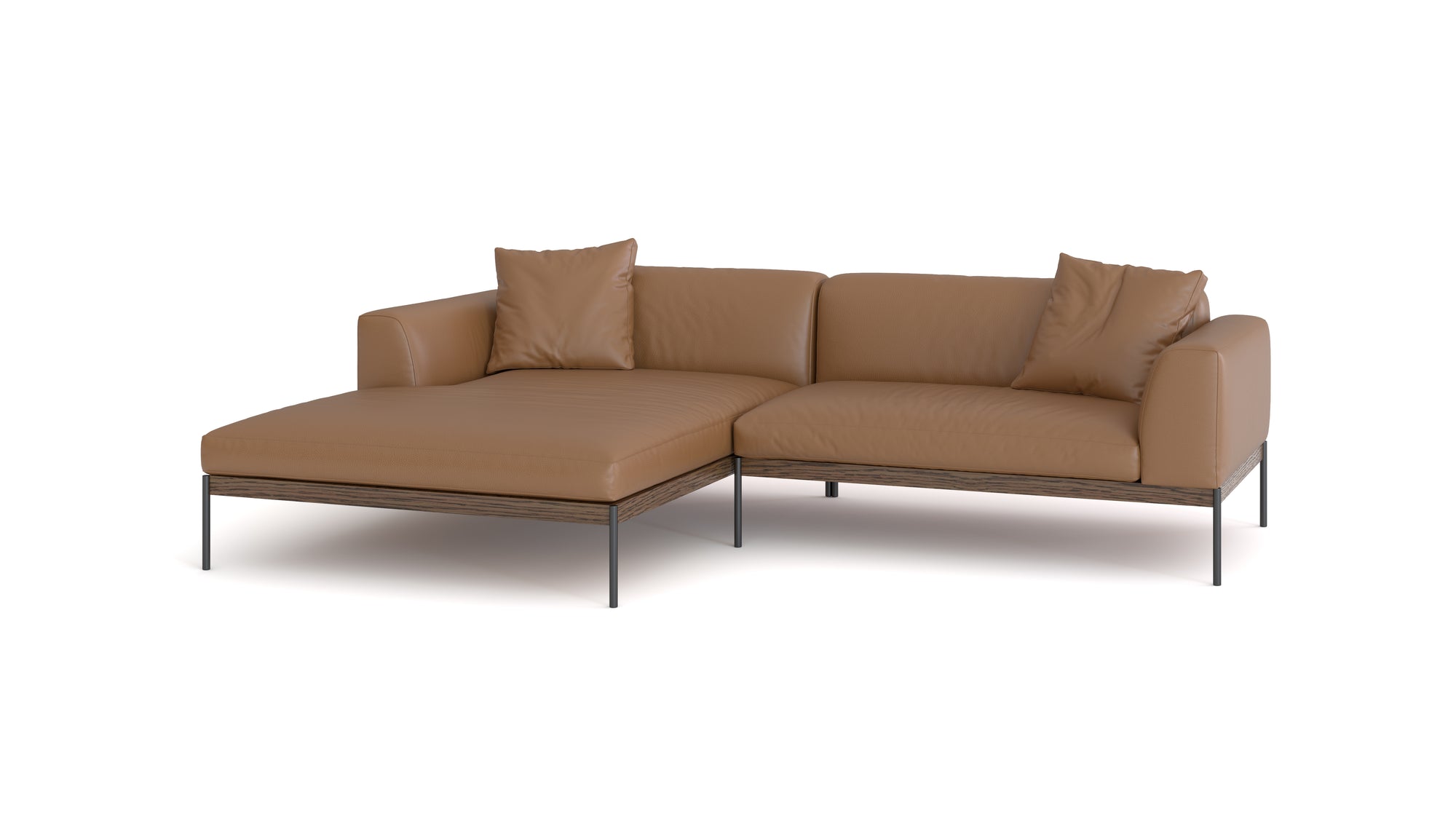 The Wooden Stories Department Modular Sofa | Leather • M3 Left is a modern L-shaped brown leather sectional with metal legs, solid wood base, and two matching cushions, displayed against a plain white background.