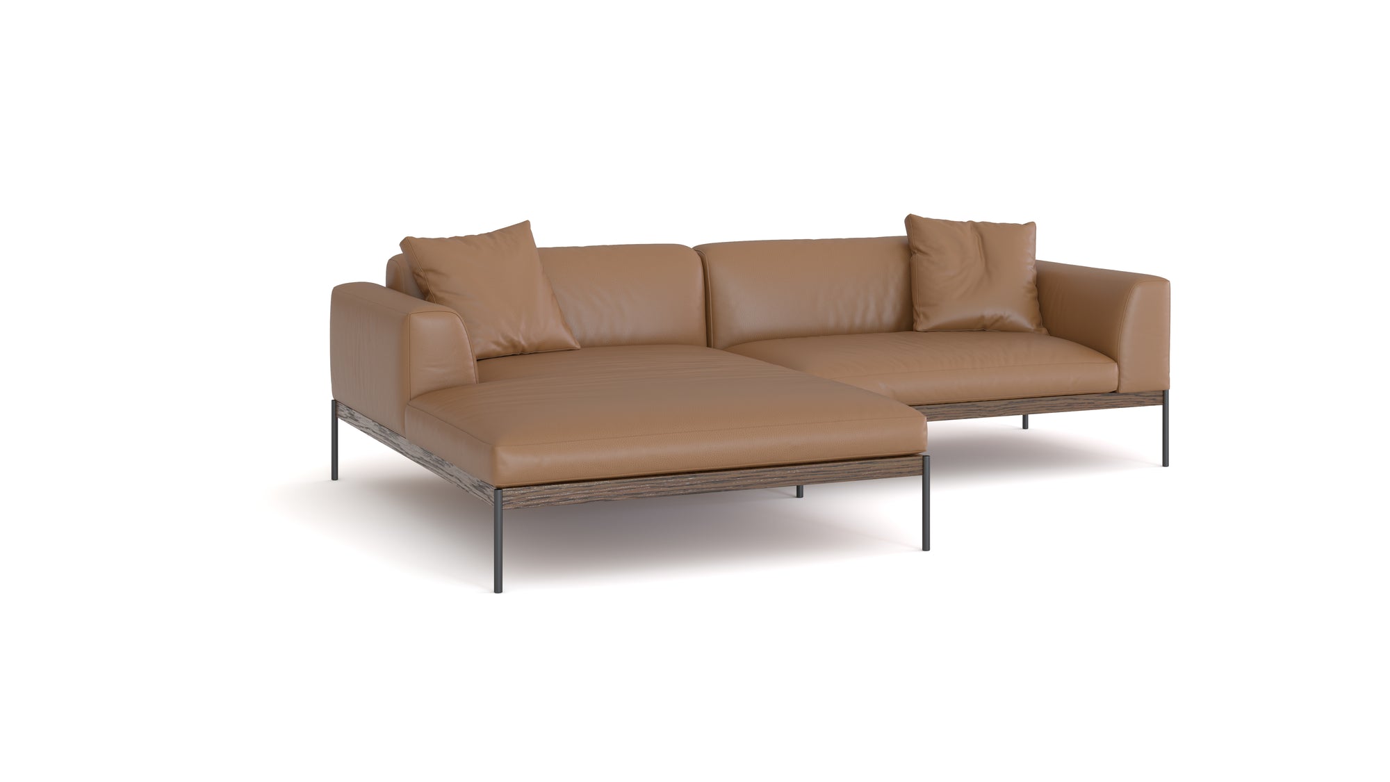 The Department Modular Sofa | Leather • M3 Left by Wooden Stories features tan leather, two matching cushions, metal legs, and an FSC-certified oak solid wood base, shown here against a white background.