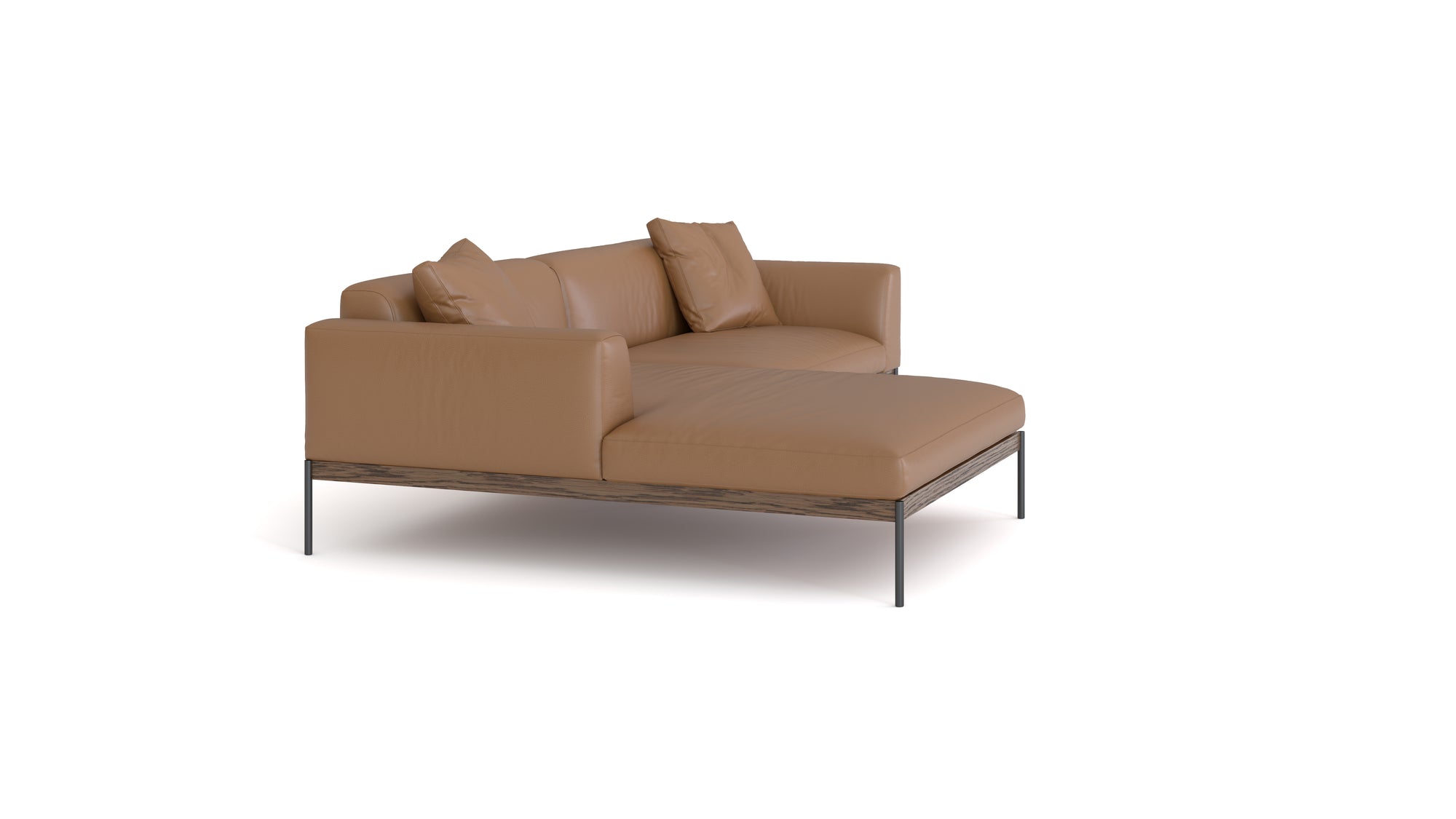 The Department Modular Sofa | Leather • M3 Left by Wooden Stories is a modern tan leather sectional with two seat cushions, matching back pillows, and slim black metal legs on a solid wood base, shown against a white background.