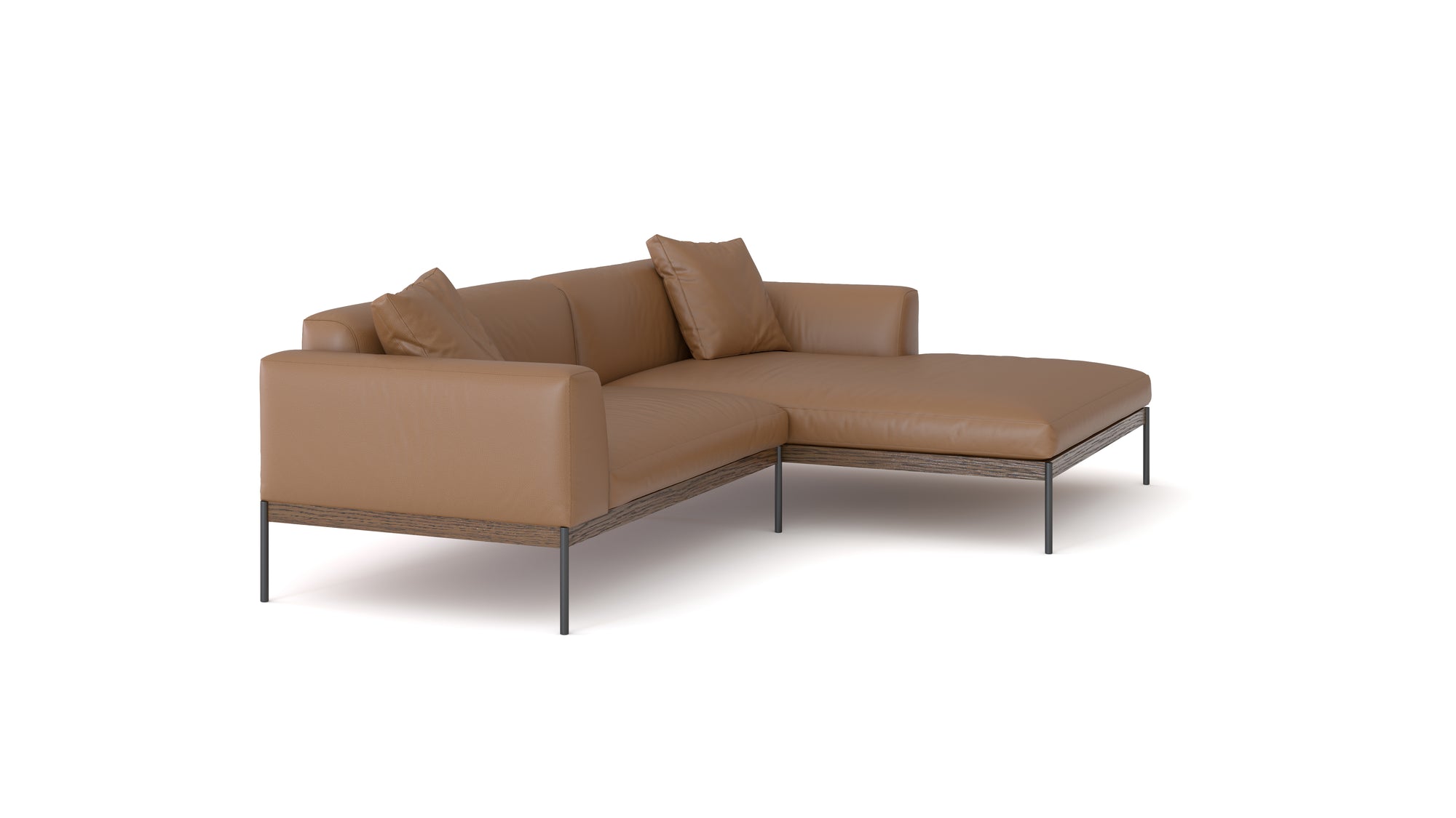 The Department Modular Sofa | Leather • M3 Right by Wooden Stories is a modern L-shaped brown leather sectional with slim black metal legs and two matching cushions, inspired by Danish collections for contemporary living spaces.