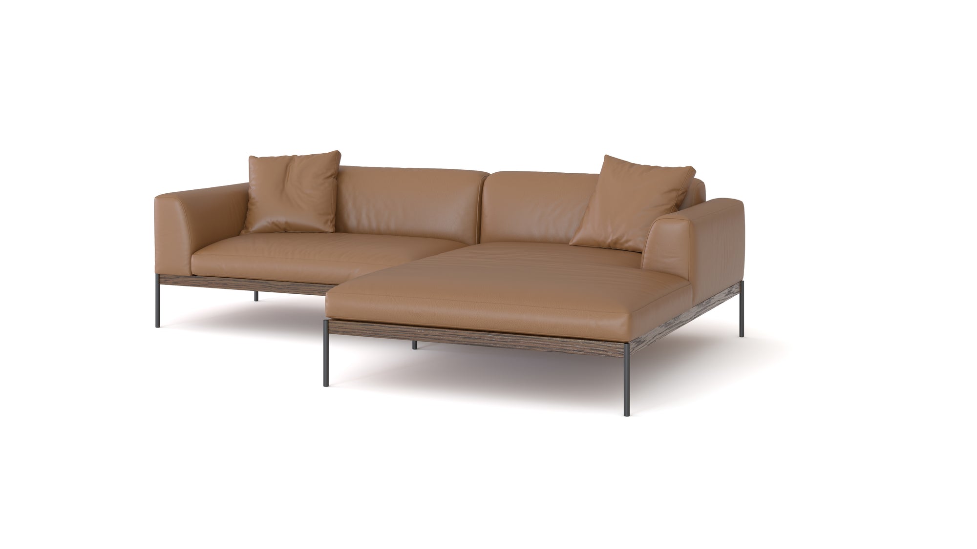 The Department Modular Sofa | Leather • M3 Right by Wooden Stories is a modern L-shaped tan leather sectional with two matching cushions, metal legs, and a solid wood base inspired by Danish collections, shown against a white background.