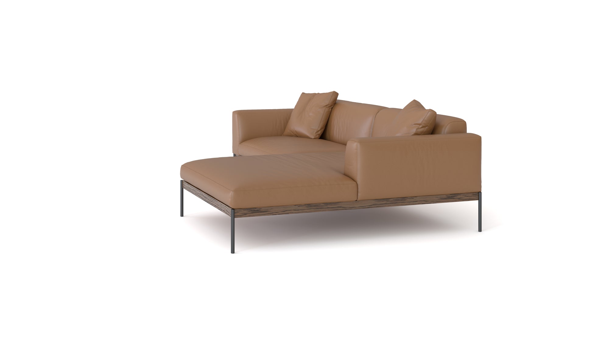 The Department Modular Sofa | Leather • M3 Right by Wooden Stories is a modern brown leather chaise lounge with two matching cushions, a solid wood base, and slim black metal legs, shown on a white background.