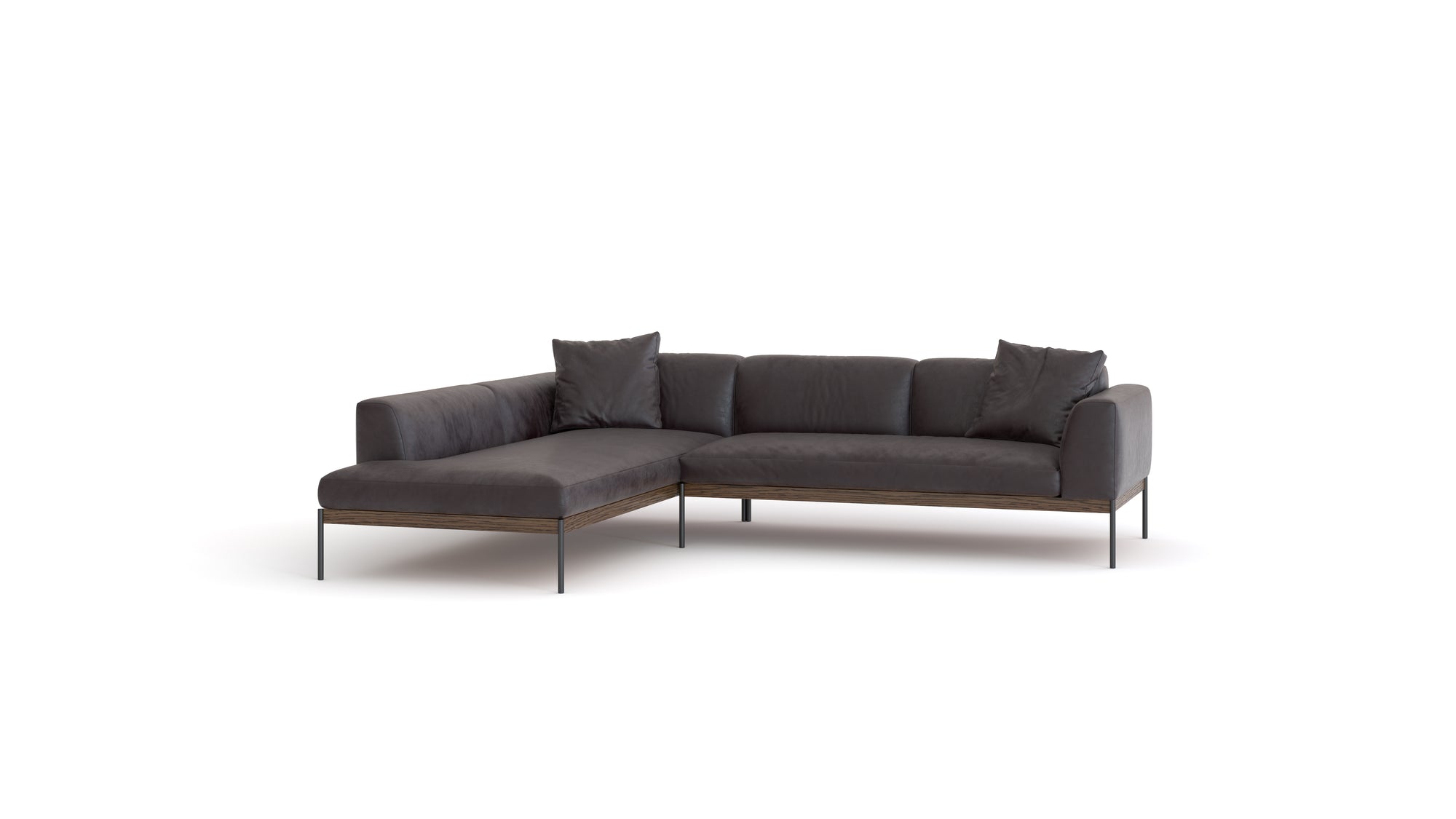 The Wooden Stories Department Modular Sofa | Leather • M4 Left is a modern dark gray L-shaped sectional with three matching cushions, a low FSC-certified oak base, and slender black metal legs, shown on a plain white background.