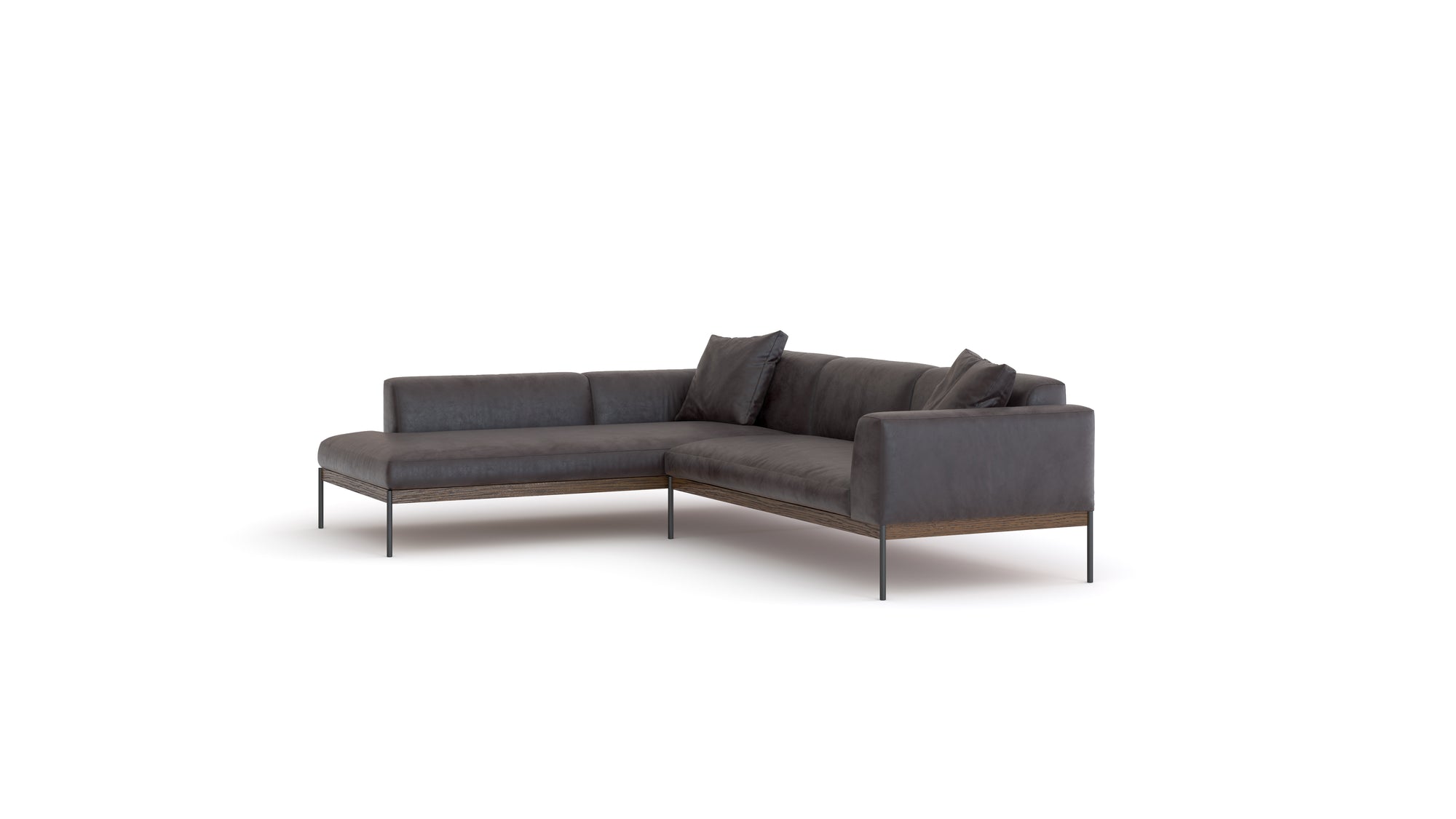 The Wooden Stories Department Modular Sofa | Leather • M4 Left features dark grey upholstery, slim black metal legs, and two matching throw pillows, Danish-inspired design, and is set against a plain white background.