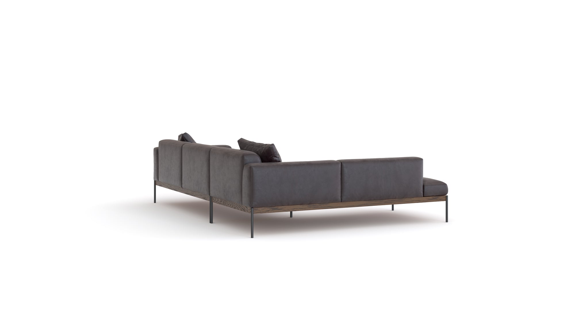 The Wooden Stories Department Modular Sofa | Leather • M4 Left is a modern dark gray sectional with slim metal legs and low backrests, Danish-inspired, shown from behind on a plain white background.