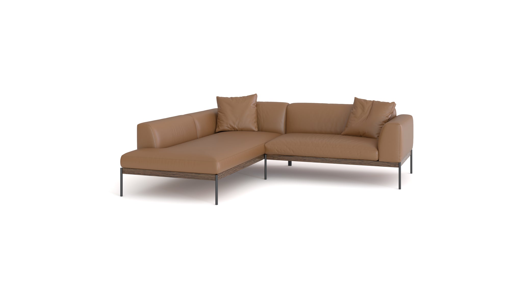 The Department Modular Sofa | Leather • M5 Left by Wooden Stories is a brown L-shaped sectional with three matching cushions and slim black metal legs, featuring Danish-inspired design, shown on a white background.