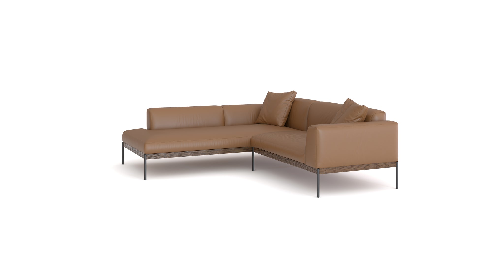 The Wooden Stories Department Modular Sofa | Leather • M5 Left features brown leather upholstery, metal legs, a solid wood base, and two matching cushions, showcased against a plain white background.