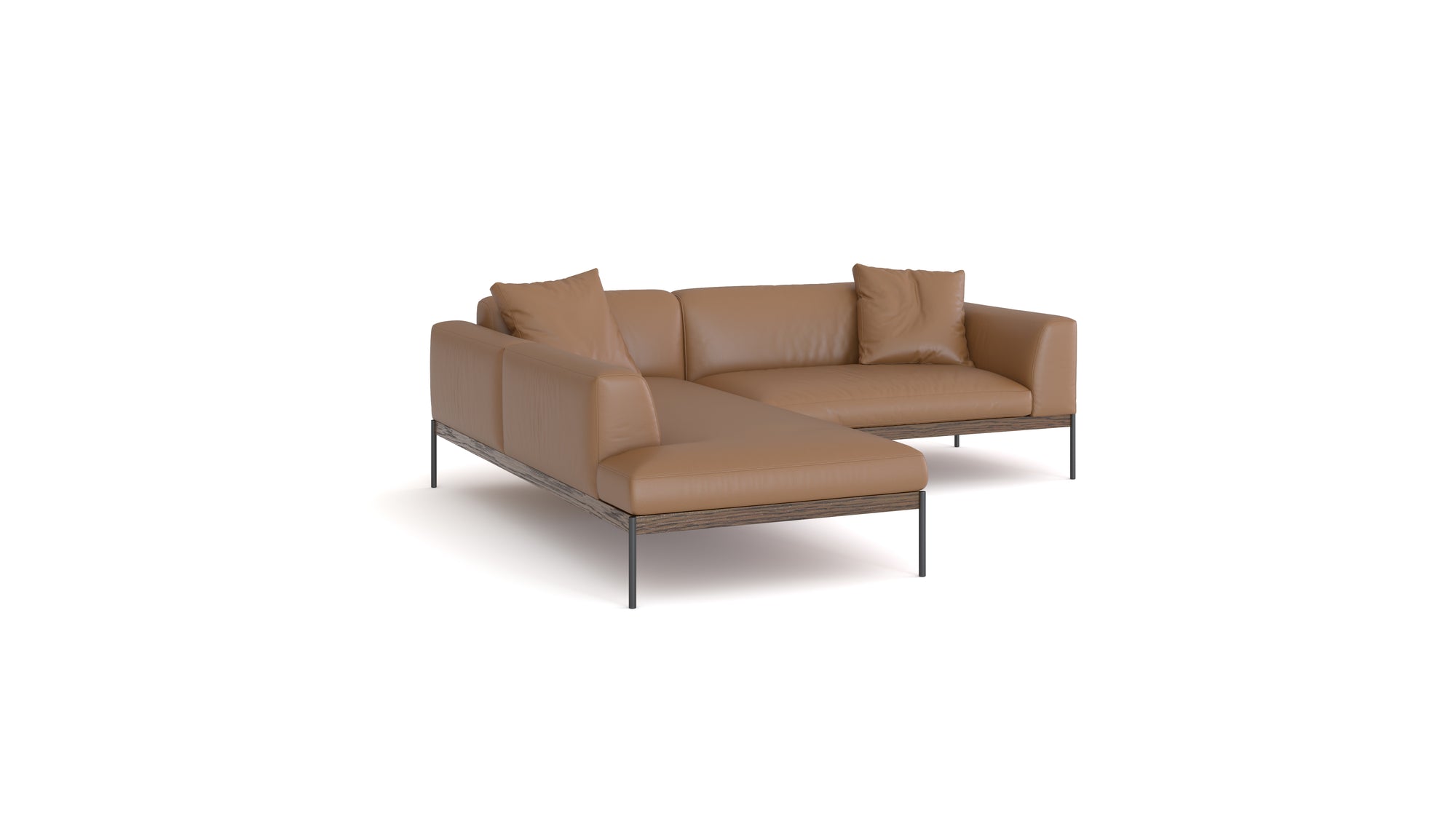The Department Modular Sofa | Leather • M5 Left by Wooden Stories is a modern L-shaped brown leather sectional with slim metal legs and three matching cushions, inspired by Danish collections, shown on a plain white background.